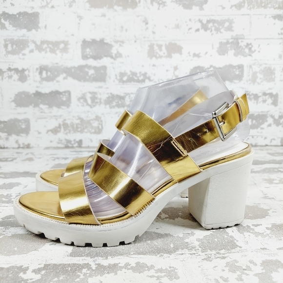 Design Lab Gold & White Strap Slickback Closure Fashion Heel Sandals M911 - Picture 1 of 13